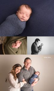 baby boy in blue wrap is held by his father during their Cranberry Twp newborn photography session