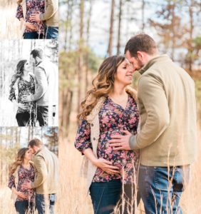 Mom and Dad stand in a field of tall grasses for their fall maternity photography session in Pittsburgh PA