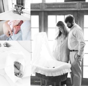 Mother and father look lovingly into newborn baby bassinett for their Pittsburgh newborn photography session