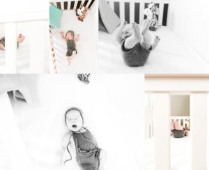 baby boy lays in crib while wearing grey knit outfit during his pittsburgh newborn photography session