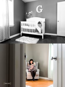 mother rocks baby in nursery chair while being photographed outside the door during their pittsburgh pa newborn lifestyle photography session in Wexford PA