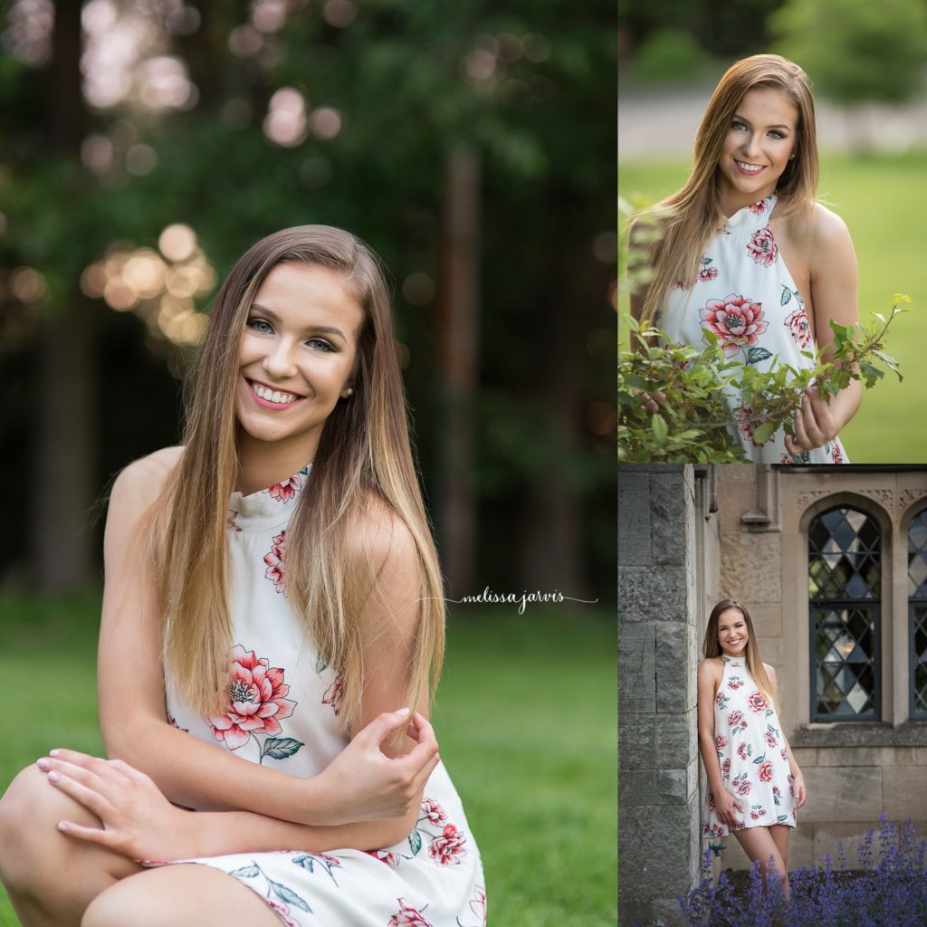 high school senior in white dress poses in front of mansion in cranberry twp pa