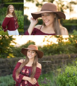 Cranberry Twp Senior Photographer photographs girl in flowers and summer sunshine wearing hat