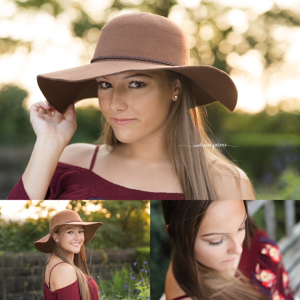 Cranberry Twp Senior Photographer photographs girl in flowers and summer sunshine wearing floppy hat