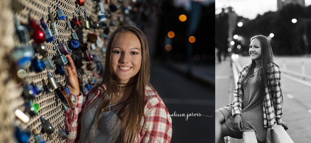 Cranberry Twp Senior Photographer photographs girl in city with lights in background