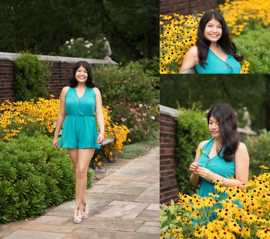 Senior Girl takes photos in yellow summer flowers in Pittsburgh, PA