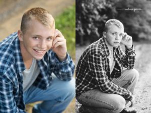 senior boy in plaid kneels for senior portraits in Bethel Park PA