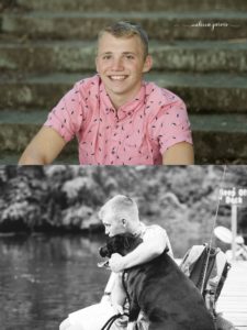 senior boy sits with his dog on a dock for senior portraits in Bethel Park PA