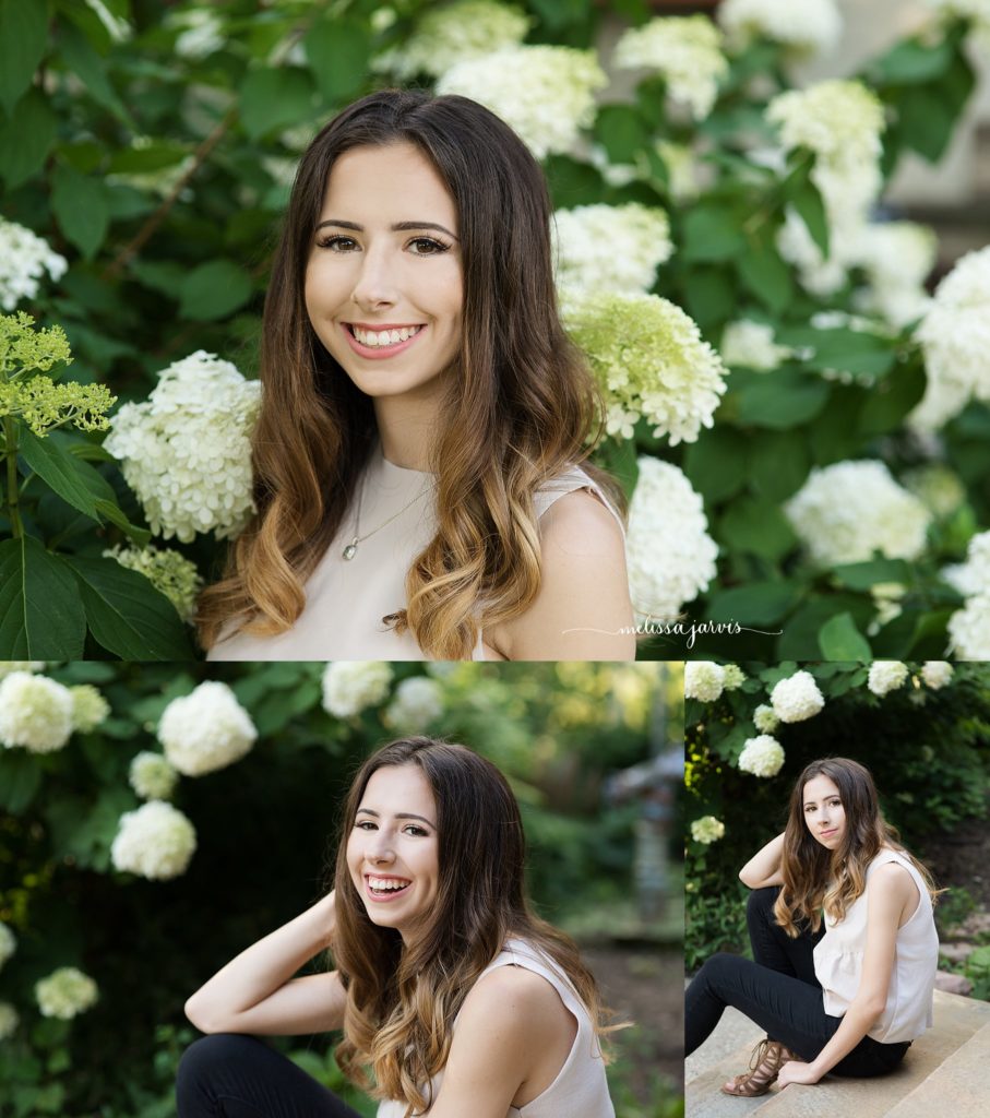 senior girl from shadyside pa stands against in a natural setting of hydrangea for senior portrait session in Pittsburgh PA