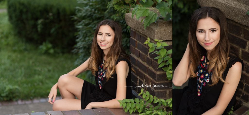 senior girl from shadyside pa sits against brick wall for senior portrait session in Pittsburgh PA