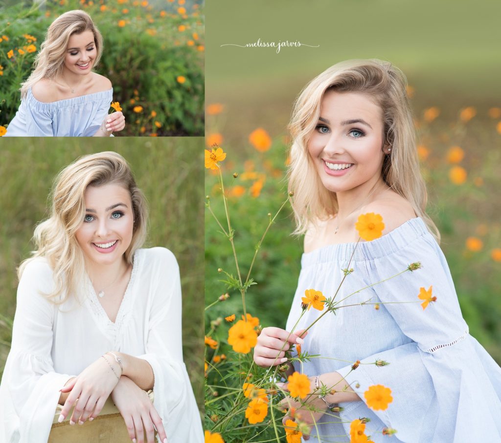 senior girl from ben avon heights pa sits in field of orange flowers for senior portrait session in Pittsburgh PA